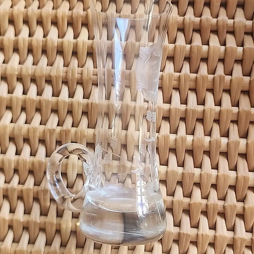 Vintage Floral Etched Glass Small Handled Bud Vase